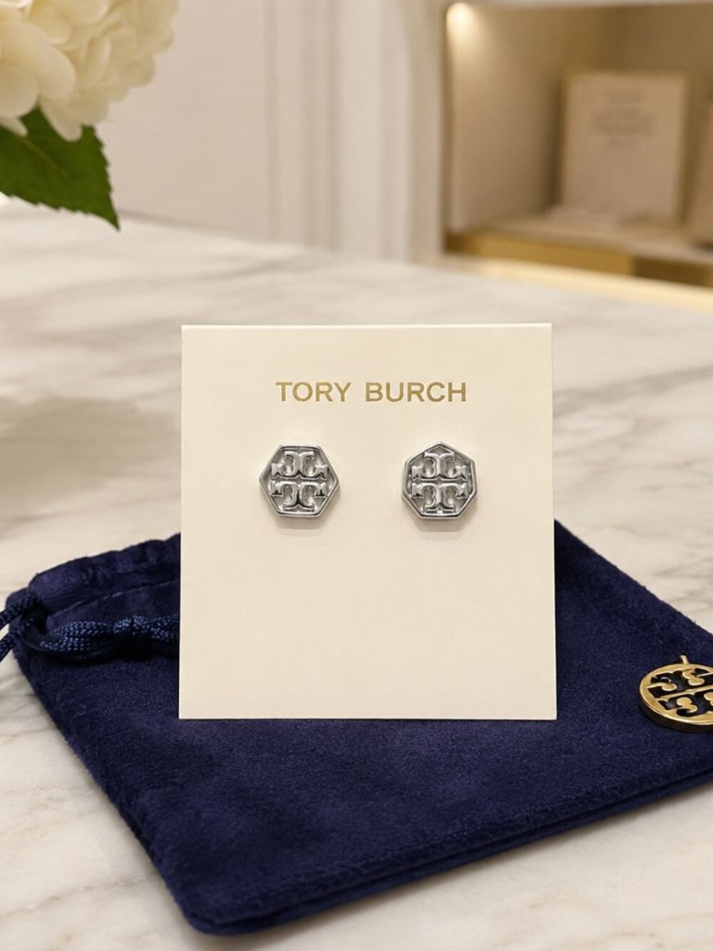 Tory Burch Silver Hexagon Logo Stud Earrings NWT